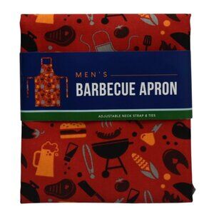 Mens Barbecue Apron Adjustable Neck Strap Ties Red BBQ Themed Print 100% Cotton